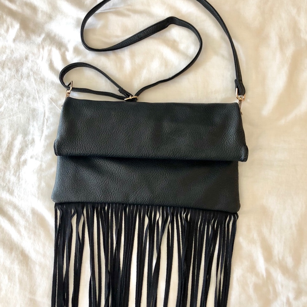 Black Bohemian Faux Leather Fringe Purse